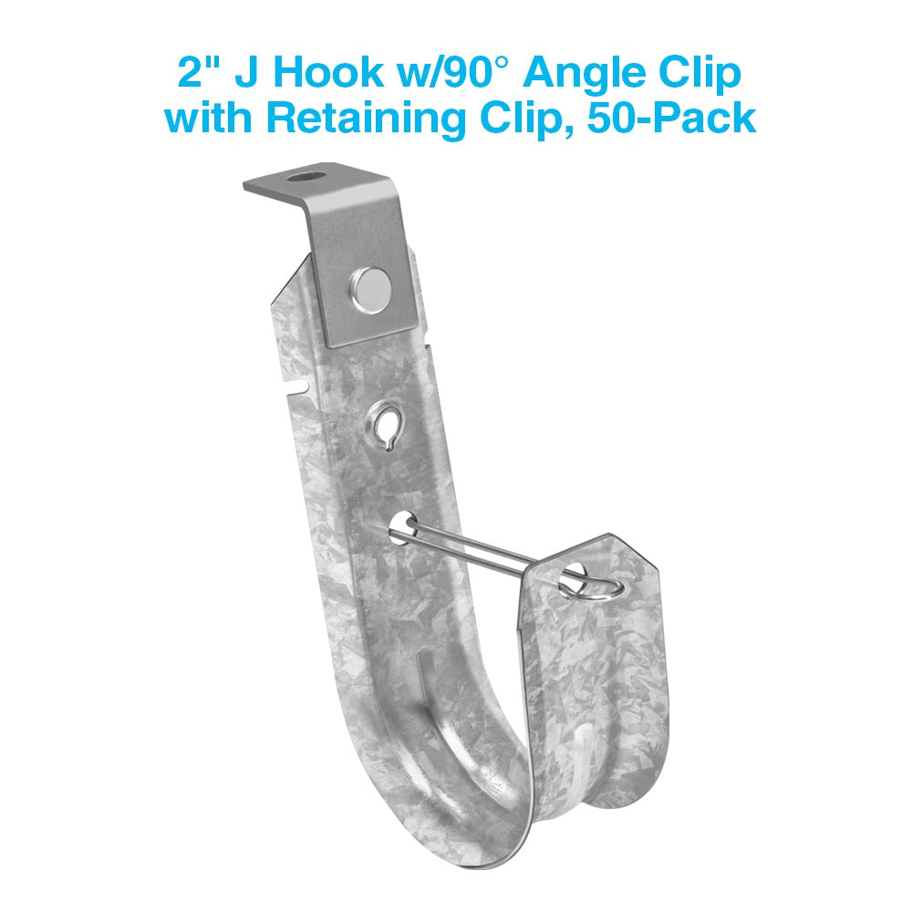 2" Ceiling Mount J Hook with Retaining Clip, 50-Pack