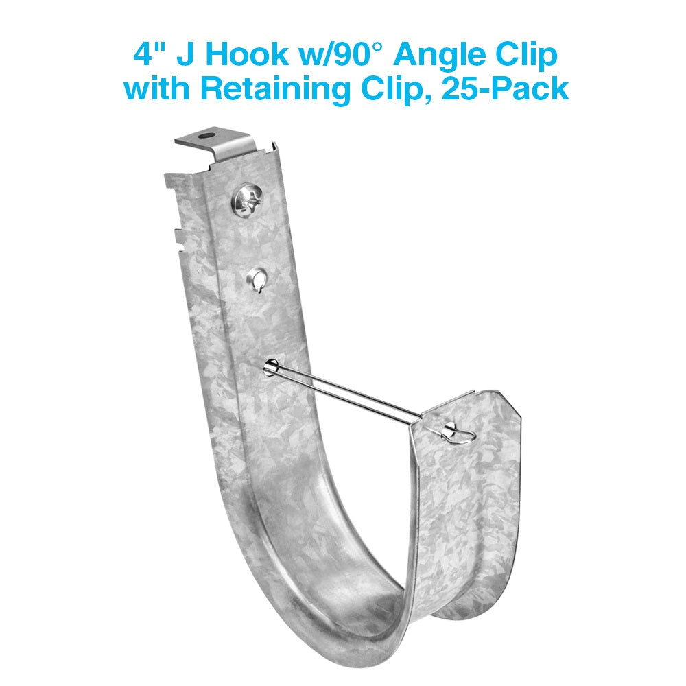 4" Ceiling Mount J Hook with Retaining Clip, 25-Pack