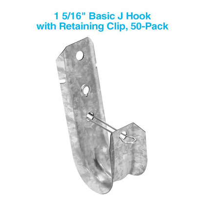 1-5/16" Wallmount J Hook with Retaining Clip, 50-Pack