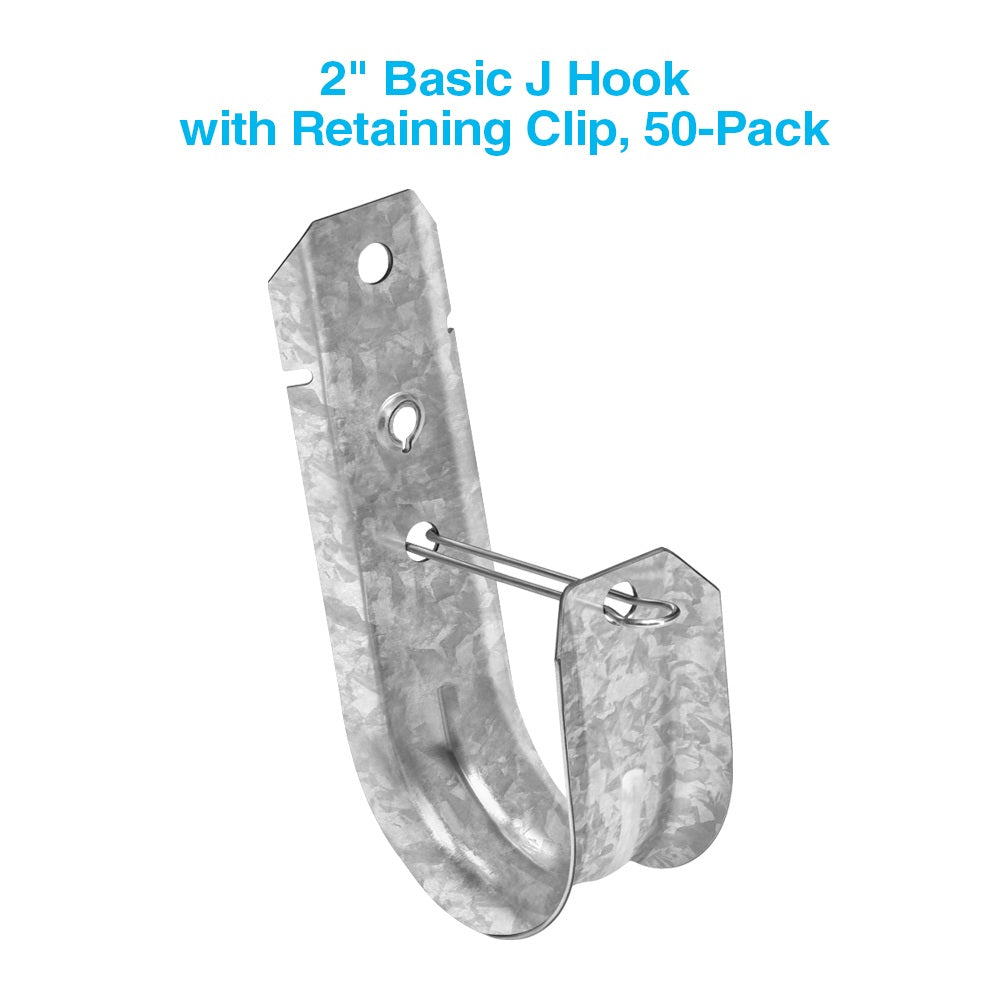 2" Wallmount J Hook with Retaining Clip, 50-Pack