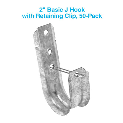 2" Wallmount J Hook with Retaining Clip, 50-Pack