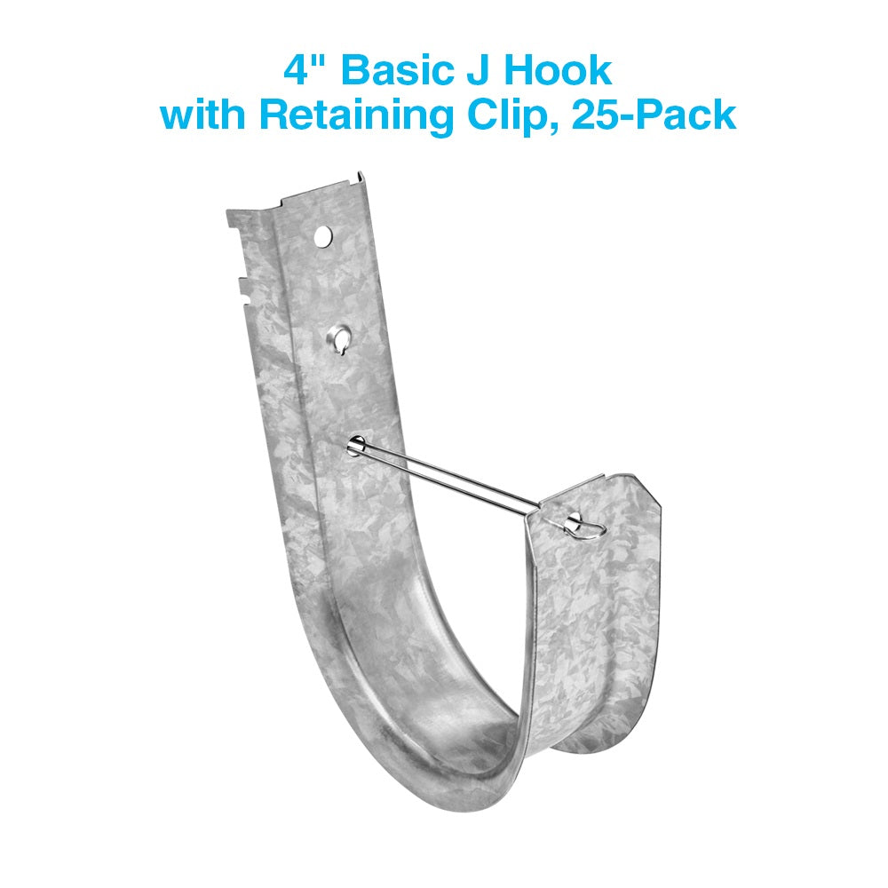 4" Wallmount J Hook with Retaining Clip, 25-Pack