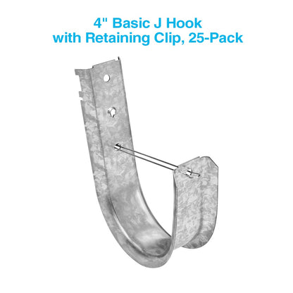 4" Wallmount J Hook with Retaining Clip, 25-Pack
