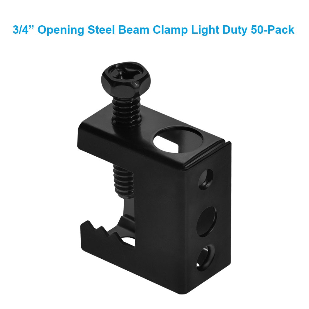 3/4" Opening,Spring-Steel Beam Clamp - Light Duty Black, 50-Pack