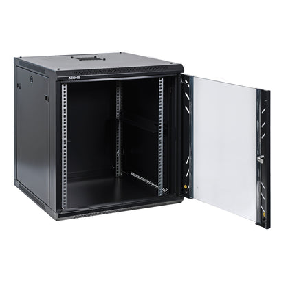 12U 19" Wall-Mount Rack Cabinet, Glass Door 21.4" Depth, Flat Box