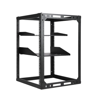 15U 4-Post Wall Mount Open Frame Rack, Side Mount, Floor-Standing w/ Casters Flat Box