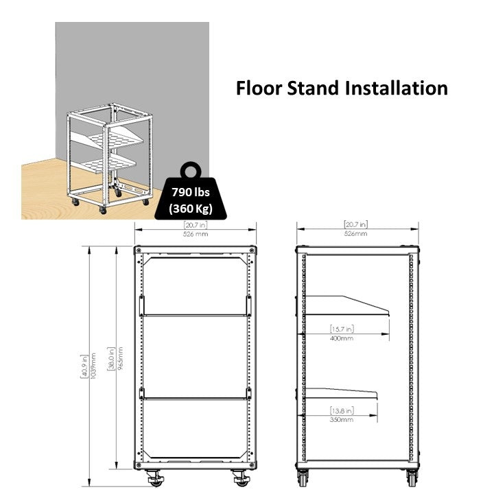 20U 4-Post Wall Mount Open Frame Rack, Side Mount, Floor-Standing w/ Casters Flat Box