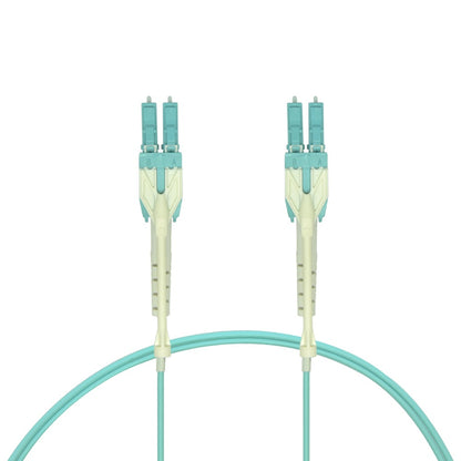 15m Uniboot LC/UPC-LC/UPC OM4 Multimode Duplex Aqua Fiber Optic Patch Cable with Pull Push