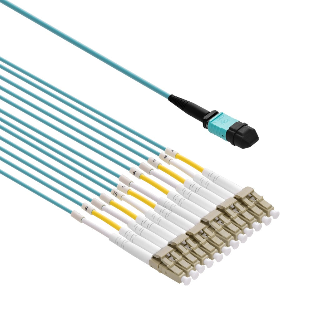 3m MPO OM4 to 12-Fiber to 6-LC Duplex Breakout Aqua OFNR
