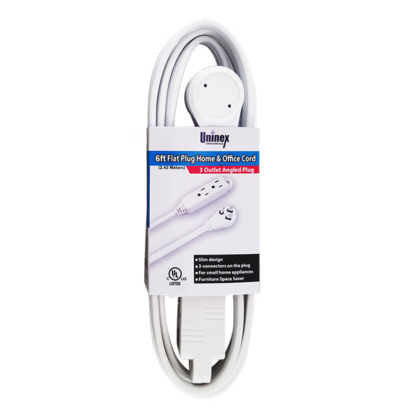 6Ft 16/3 Grounded 3-Outlet Flat Angle Power Extension Cord White