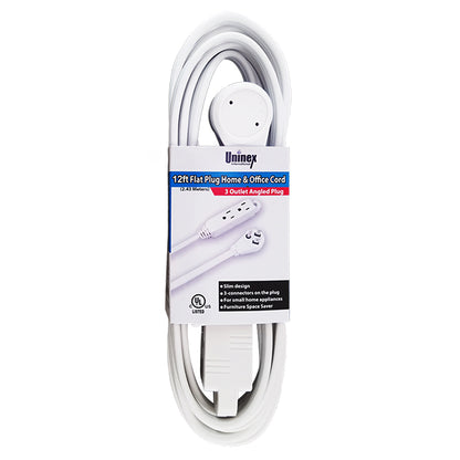 12Ft 16/3 Grounded 3-Outlet Flat Angle Power Extension Cord White