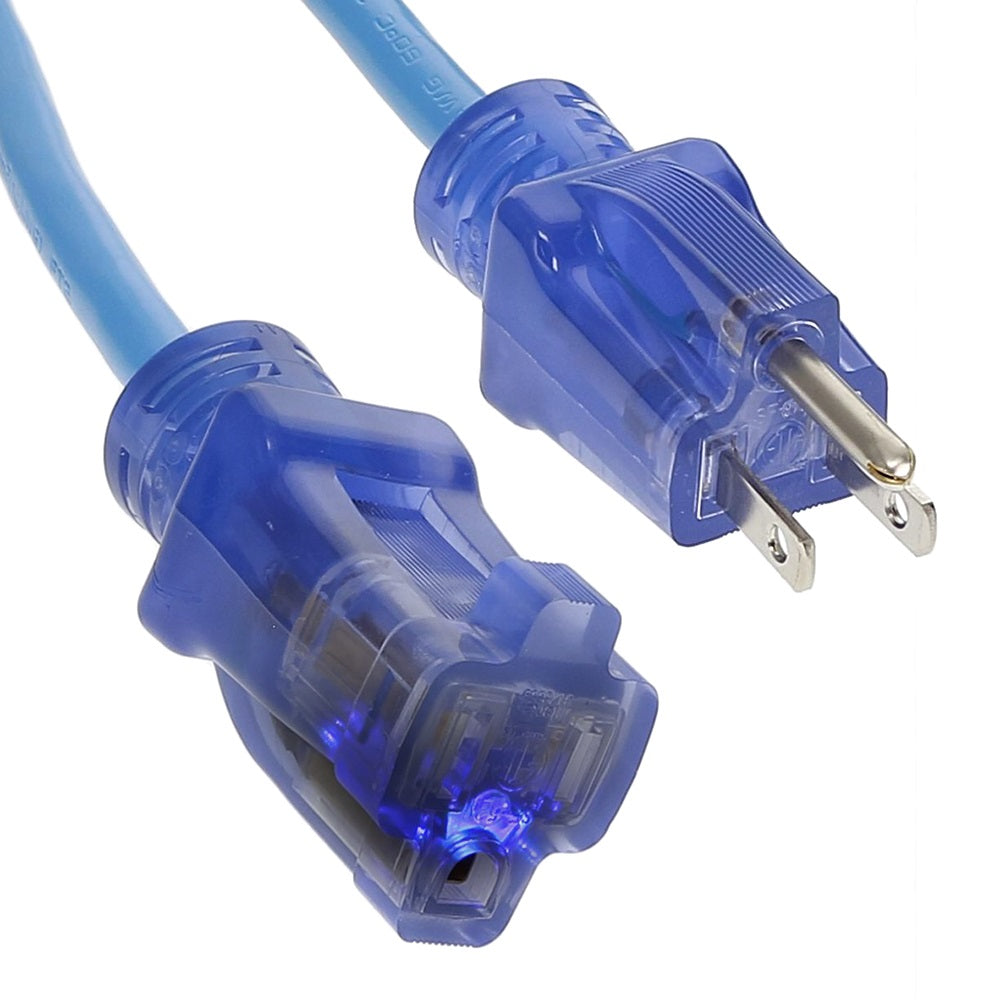 25Ft 14/3 SJTW Blue Power Extension Cord Lighted Clear Blue Plug
