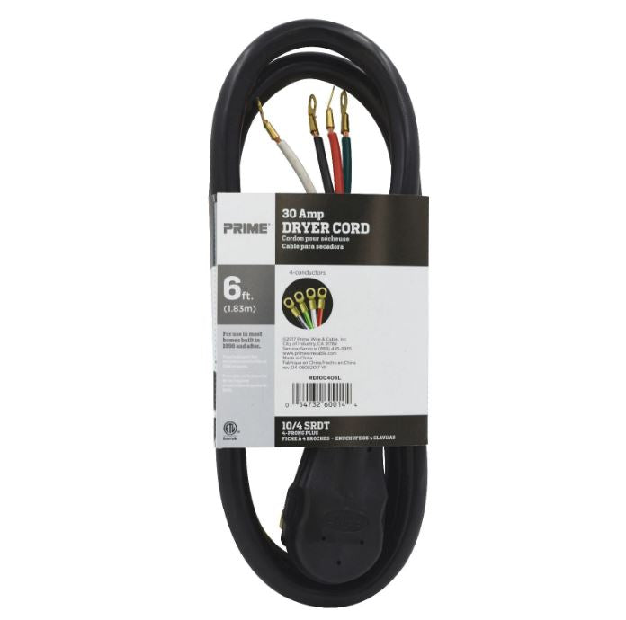 6Ft 10/4 30 Amp Black 4-Wire Dryer Cord