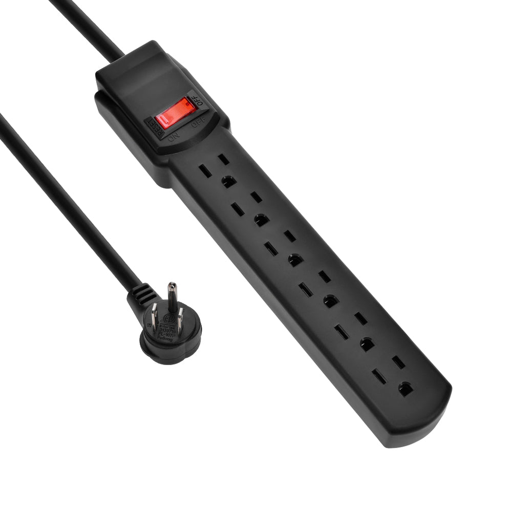 3Ft 6-Outlet Surge Protector 14AWG/3,15A, 90J Black Right Angle Plug