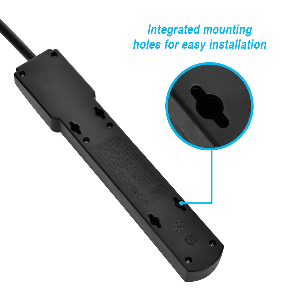 3Ft 6-Outlet Surge Protector 14AWG/3,15A, 90J Black Right Angle Plug
