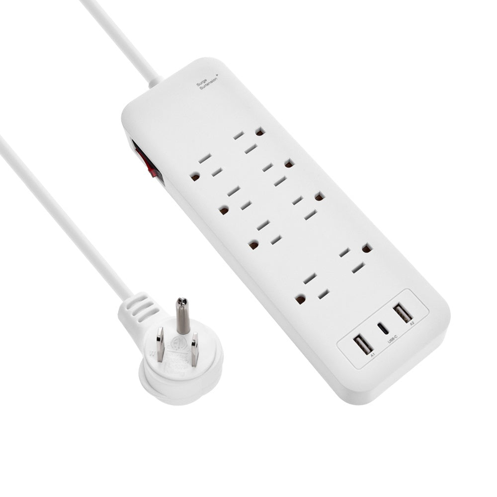 3Ft 8-Outlet Surge Protector 2USB-A+1USB-C,14AWG/3, 15A, 2450J White