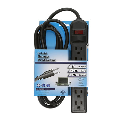 12Ft 6-Outlet Surge Protector 14AWG/3, 15A, 90J Black