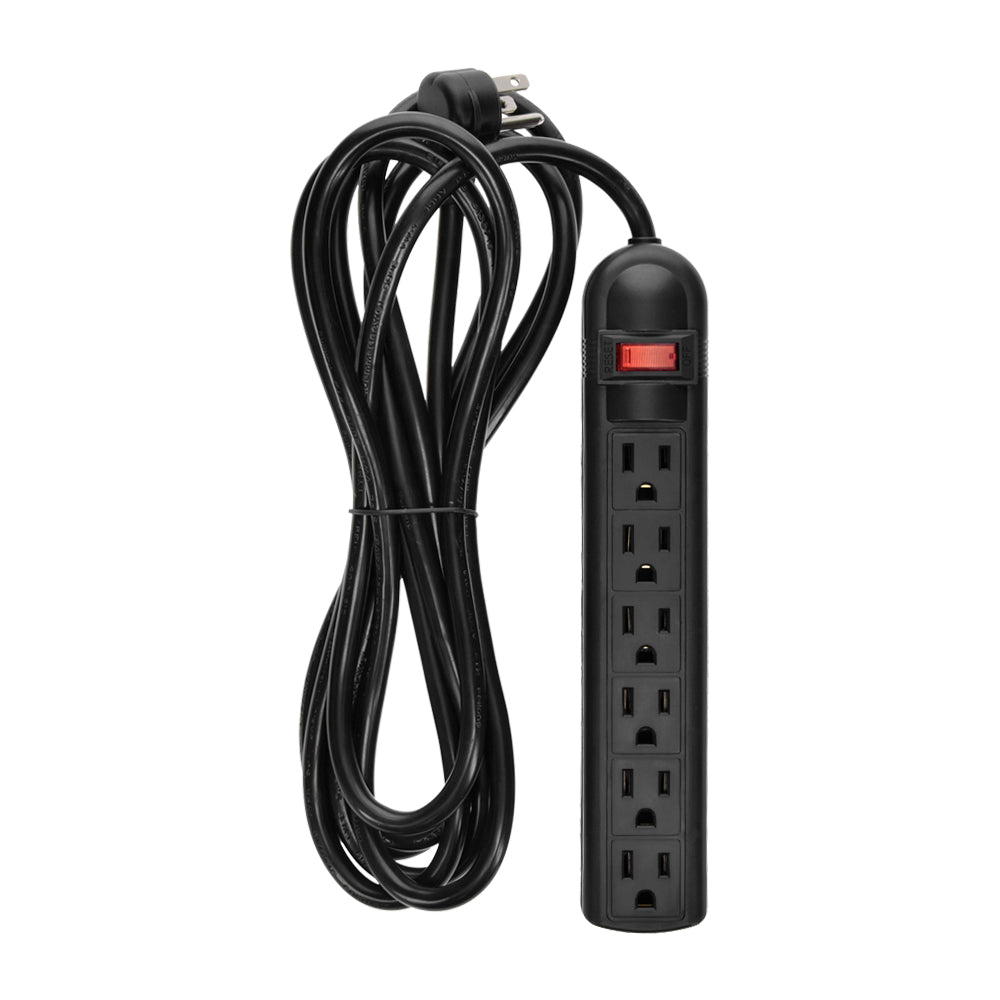 12Ft 6-Outlet Surge Protector 14AWG/3,15A, 90J Black Right Angle Plug