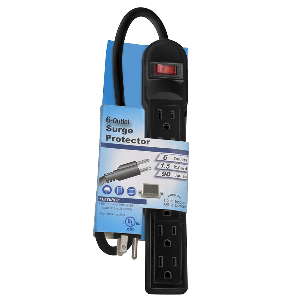 1.5 Ft 6-Outlet Surge Protector 14AWG/3 15A, 90J Black