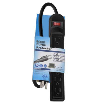 1.5 Ft 6-Outlet Surge Protector 14AWG/3 15A, 90J Black
